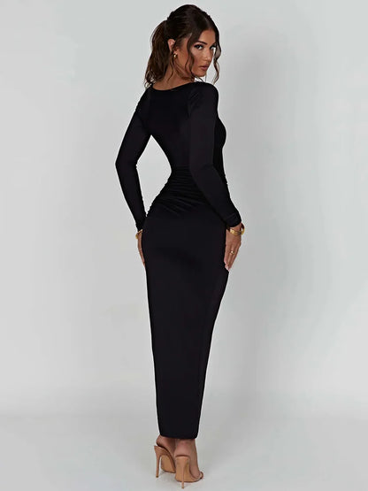 Long Sleeve Ruched High Split Maxi Dress Square Collar Drawstring Bodycon Party Long Dress Autumn