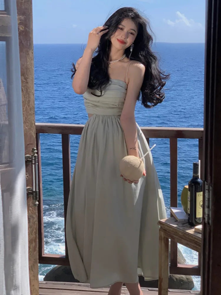 White Suspender Long Dresses for New Summer Hollow Out Expose Waist Clothes Beach Vacations Female Dress