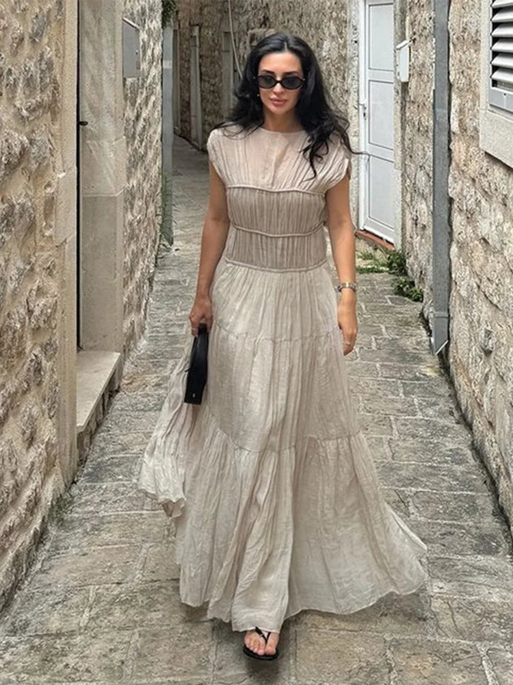 Pleated Long Dresses Backless O-neck Short Sleeve Dresses Female Summer Spring Party Beach Holiday