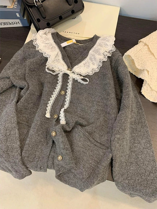 Sweet Kawaii Sweater Gray Lace Doll Neck Knit Cardigan Clothing Autumnwinter Soft Lazy Vneck Coat