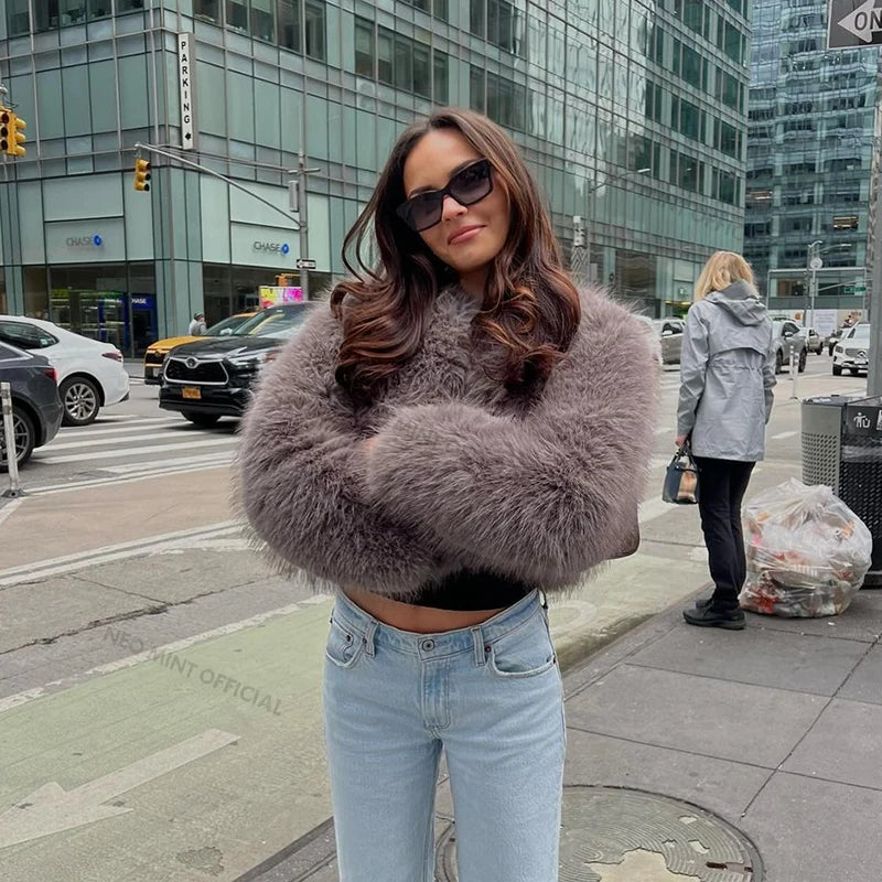 Street Gray Fluffy Short Faux Fox Fur Jacket Winter Hot Brand Thick Warm Eco Fur Coat Female