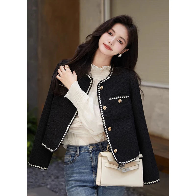 Cropped Tweed Jacket Black Quilted Coat Blazer Winter Single Breasted Thicken Outerwear Tops