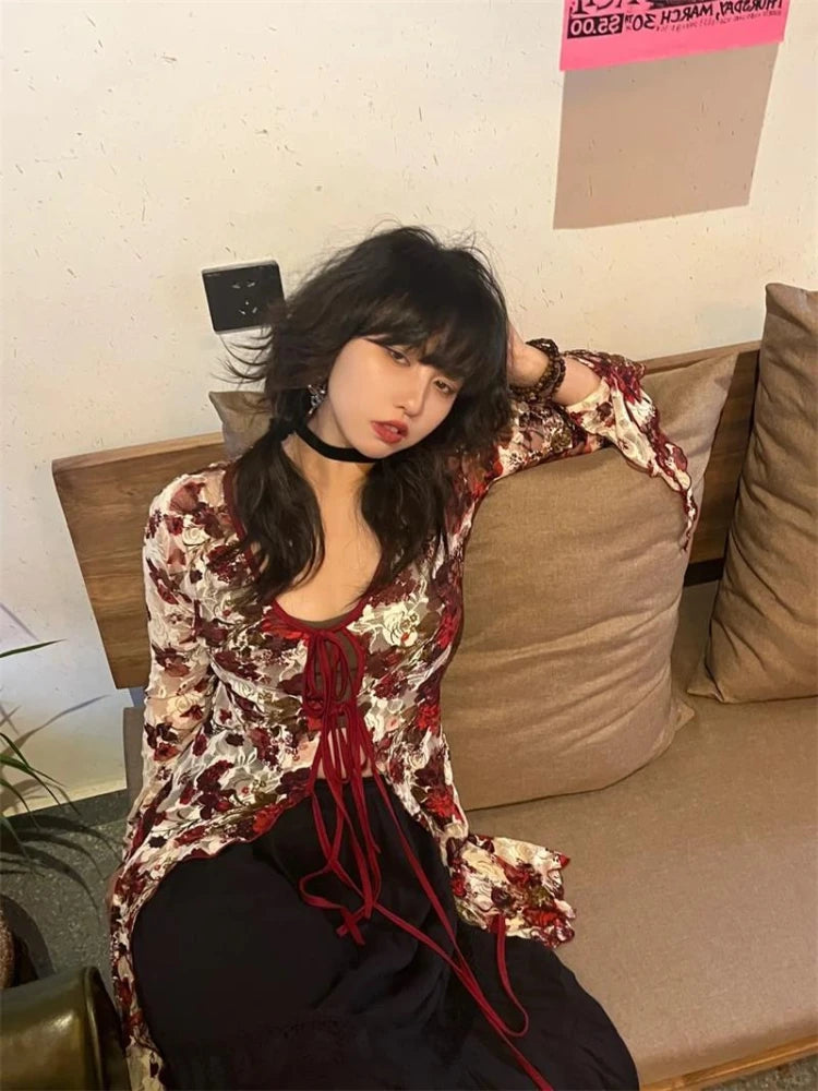Print Blouse Female Gothic Style Red Flare Sleeve Mesh Transparent Shirt Slim Emo Laceup Cardigan