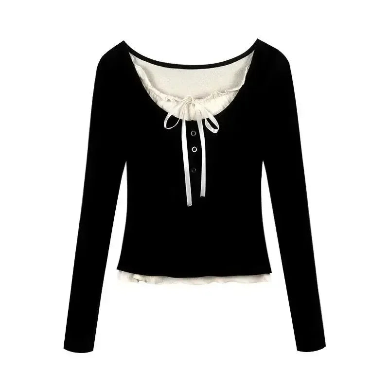 T-shirts Slim Sweet College Korean Spring Soft Leisure Cropped Spliced Designed Daily