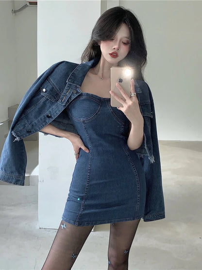 V High Street Denim Suit Spring New Short Coat Jacket Suspenders Tube Top Dress Korean Twopiece Set