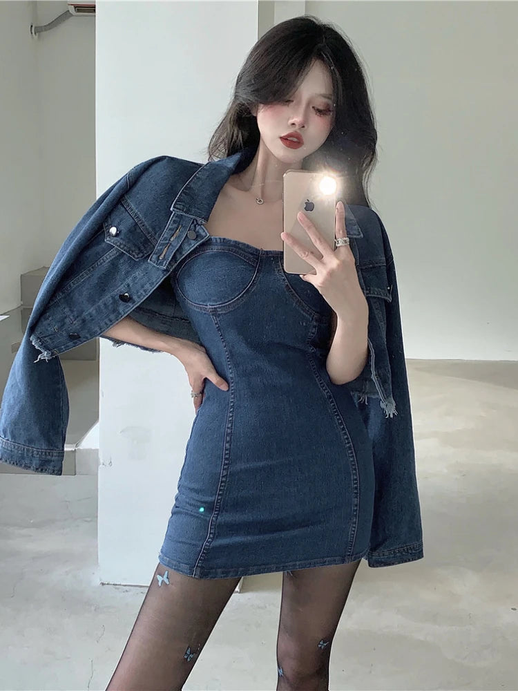V High Street Denim Suit Spring New Short Coat Jacket Suspenders Tube Top Dress Korean Twopiece Set