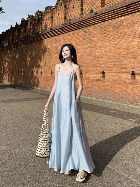 Korean Summer New Blue Club Festival Backless V Neck Long Dress Sleeveless Holiday Loose Pleated Dress Simple