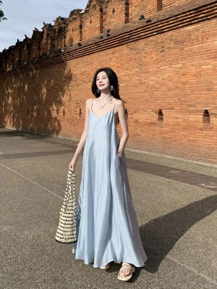 Korean Summer New Blue Club Festival Backless V Neck Long Dress Sleeveless Holiday Loose Pleated Dress Simple