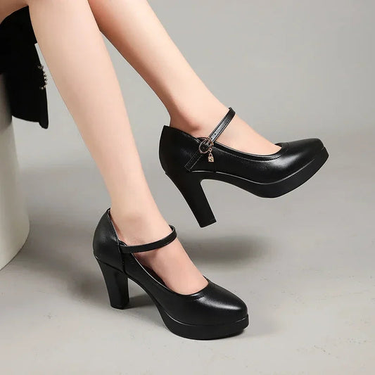 Ankle Strap Thick Heels Pumps for Pu Leather Office High Heeled Shoes Woman's Platform Mary Jane Shoes