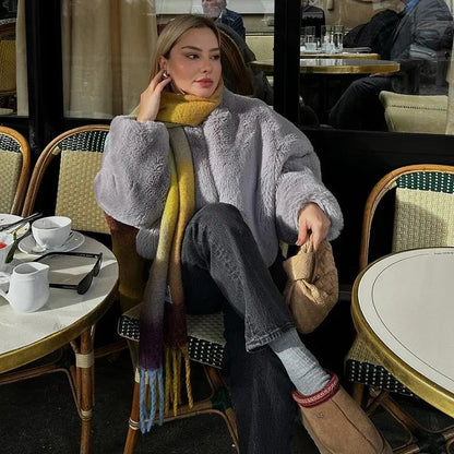 Winter Faux Rabbit Fur Coat Soft Warm Furry Fur Jacket Street Style Girl Outerwear Overcoat