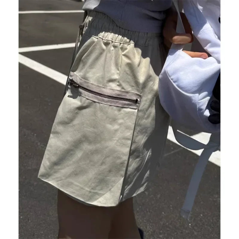 Summer Korean Retro High Street Side Pocket Zipper Drawstring Low Waist Mini Skirt Skirt