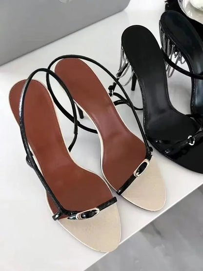 Designer Buckle Open Toe Slip on Back Strap Sandals Summer Black White High Heels Wedding Prom Shoes Zapatos Mujer
