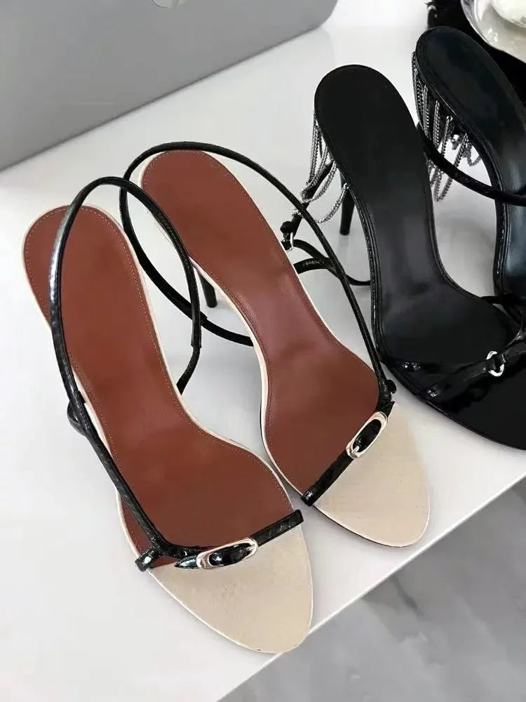 Designer Buckle Open Toe Slip on Back Strap Sandals Summer Black White High Heels Wedding Prom Shoes Zapatos Mujer