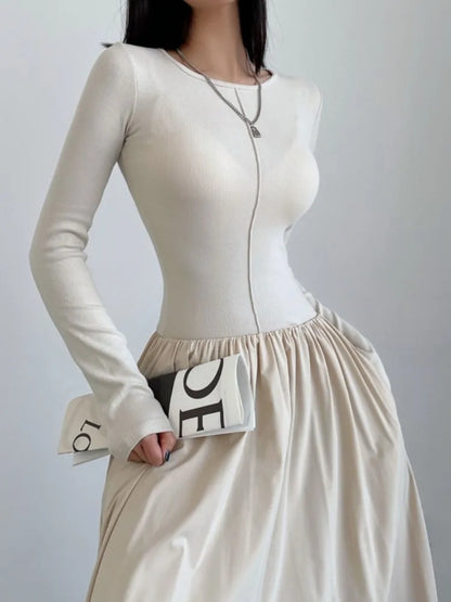 Patchwork Long Dresses for O-neck Long Sleeves A-line Autumn Spring Korean One Piece Vestidos Mujer New