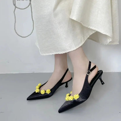 Pink High Heels Pointed Toe Slingback Shoes Summer Small Flower Low Heel Office Shoes Black Pumps White Talons Femme