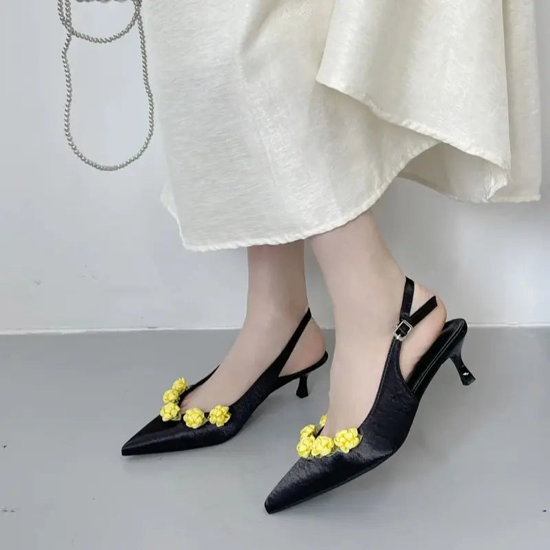 Pink High Heels Pointed Toe Slingback Shoes Summer Small Flower Low Heel Office Shoes Black Pumps White Talons Femme