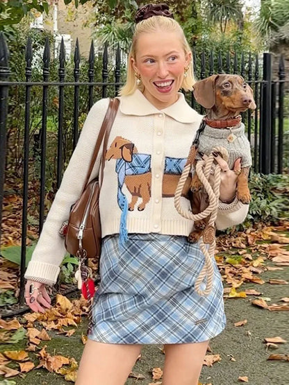 Knitted Printed Dog Cardigan Lapel Single Breasted Short Sweaters Female Autumn Street Knitwear