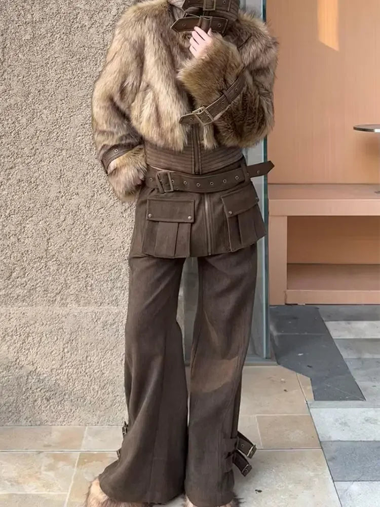 American Retro Oversized Detachable Pants Clothing Autumn and Winter New Spicy Girl Fake Two Piece Spliced Flare Pants