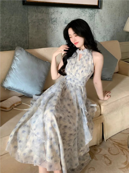 New Strapless Sleeveless White Chiffon Long Dress French Retro Fairy Tale Princess Dress Ruffled Fluffy Dress