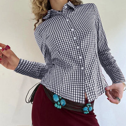 Y2k Turn-down Collar T-shirt Button Up Long Sleeve Slim Tee Outfits Autumn Top