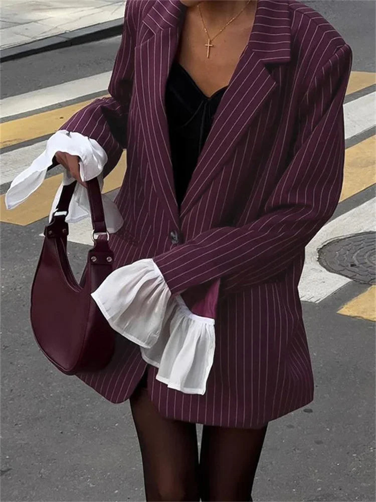 Lace Striped Suit Outwear for Patchwork Long Sleeve Lapel Commute Pocket Coat Ruffled Female Loose Blazer