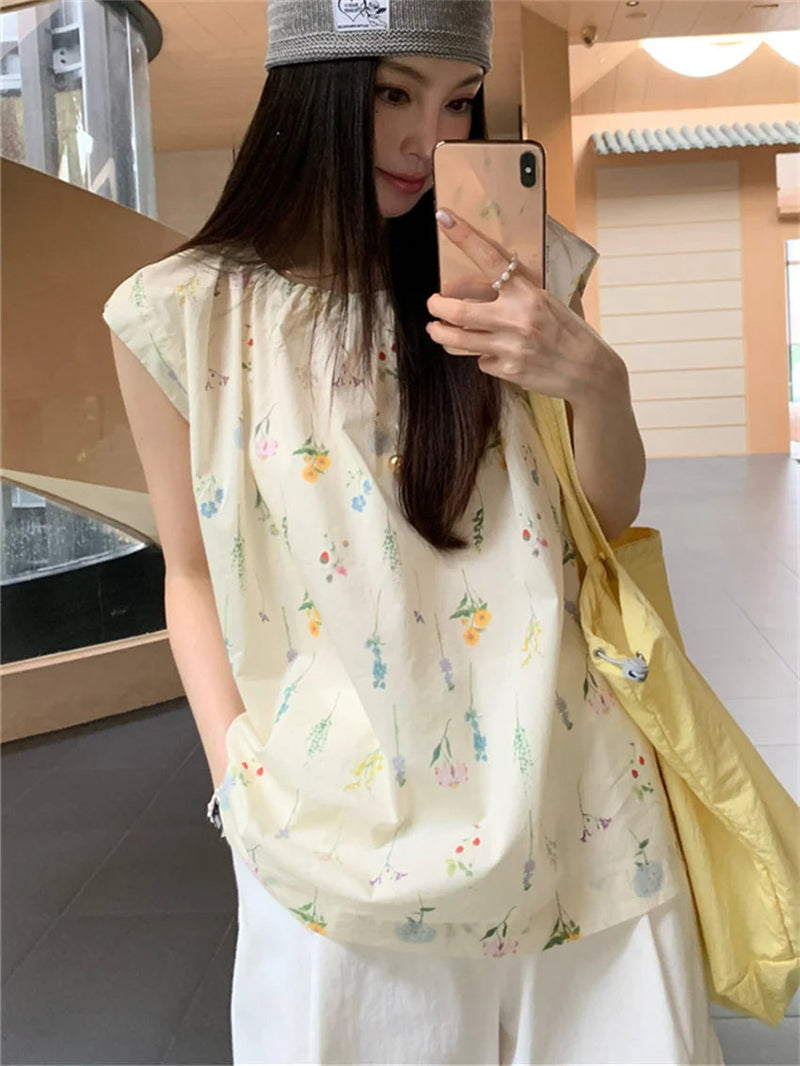 Flowers Sweet Blouses Cotton Printed Vacation Gentle Slim New Office Lady Summer Blusas