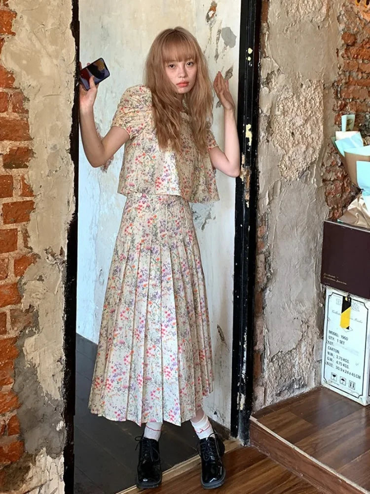 Shortsleeved Shirts Woman Square Collar Summer Half Skirt Pleated Aline Skirts Sets Conjuntos Cortos