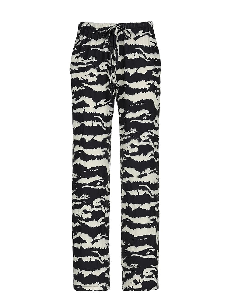 Zebra Stripe Knitted Straight Pants Drawstring Elastic Waist Loose Baggy Trousers Vacation Outfits