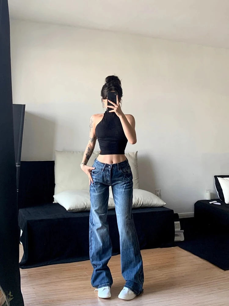 Korean Classical Jeans Straight Leg Simple Jeans Grunge Harajuku Blue Denim Pants Y2k Tide Aesthetic