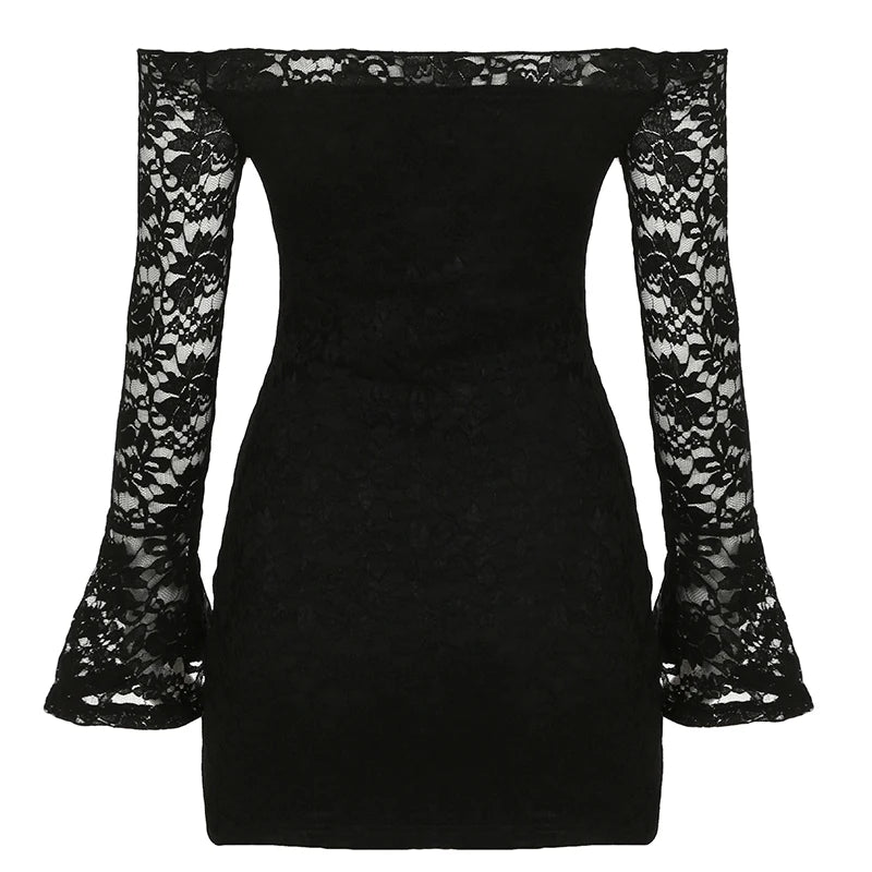 Lace Sheer Slim Fit ��s Dress Flared Long Sleeves Slash Neck Black Mini Dress