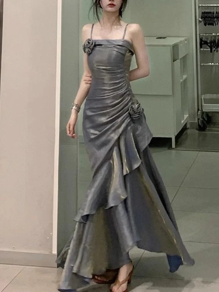 Korean Velvet Long Dress Slim Mermaid Spaghetti Strap Dress Evening Party Dress