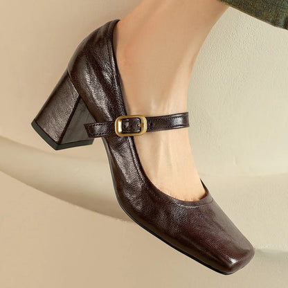 Sheepskin Square Toe Slipon Very Jane Pumps 6.5cm Thick High Heel Evening Dress Heeled Shoes for Woman