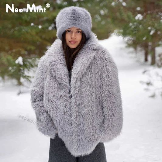 Winter Exclusive Lapel Collar Long Teddy Jacket Coat Brand Cozy Padded Faux Fur Coats Outerwear