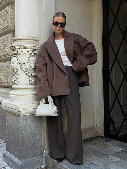 Lapel Collar Wool Blends Short Jackets Loose Long Sleeved Single Buttons Warm Coat New Lady Street Outwears