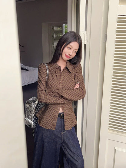 Plaid Shirt Brown Embroidered Waistband Tied Blouse Puff Sleeve Tops Spring Slim Button Up Clothes