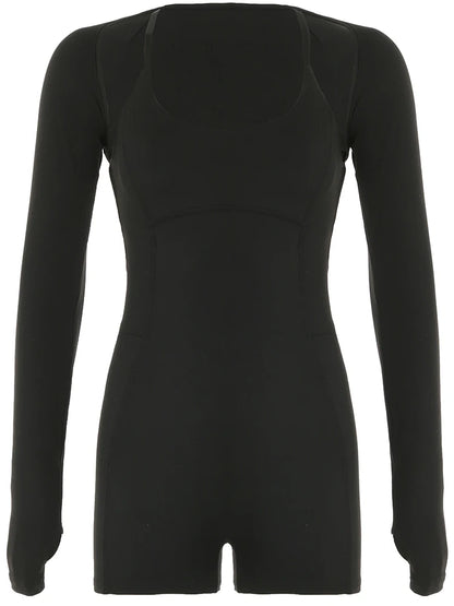 Cross Backless Skinny 2 Pieces Outdoor Rompers and Long Sleeve Open Stitch Crop Top Fitness Sports Playsuits