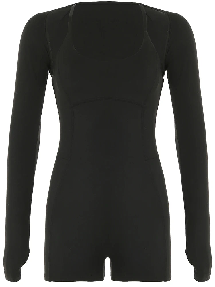 Cross Backless Skinny 2 Pieces Outdoor Rompers and Long Sleeve Open Stitch Crop Top Fitness Sports Playsuits