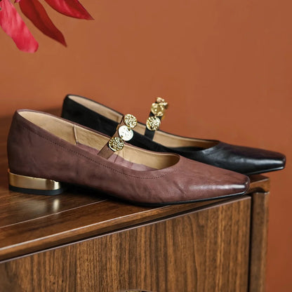 Large Size 3441 Cow Leather Square Toe Slipon Mary Jane Flats Soft Comfortable Moccasins Shoes Woman