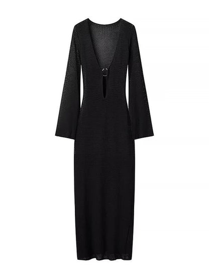 Knit Hollow Out Autumn Dress Female See-through V-neck Backless Beach Holiday Maxi Dress Knitwear ’s Dress New