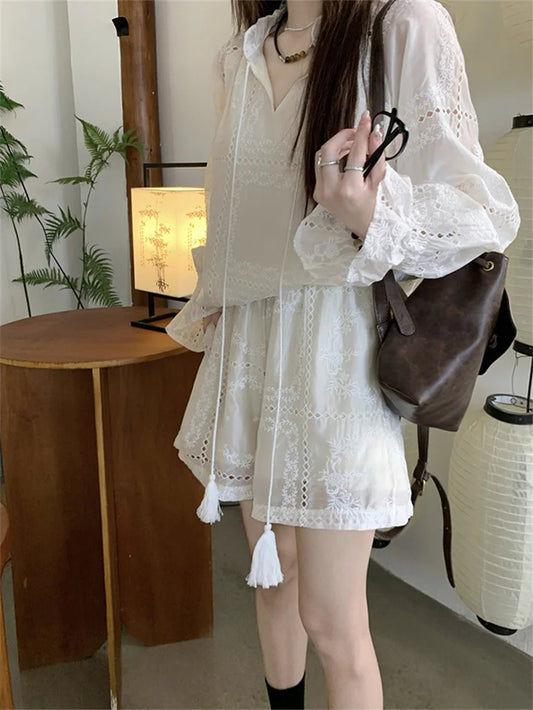 White Suits Hollow Out Flare Full Sleeve Blouses Summer Office Wear Sweet New Ol Wide Leg Loose Shorts