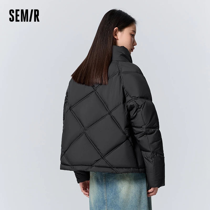 Cotton Clothing Loose Stand Collar Simple Temperament Winter Gentle Waterproof Rhombus Versatile Thick Coat