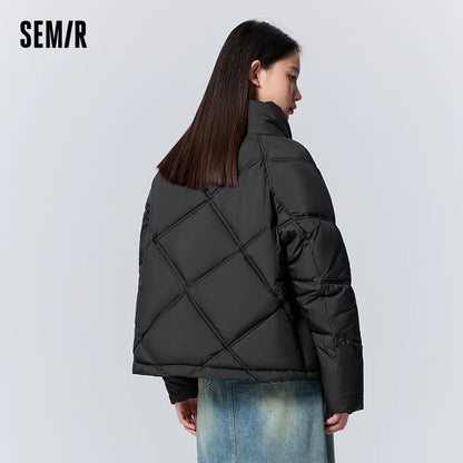 Cotton Clothing Loose Stand Collar Simple Temperament Winter Gentle Waterproof Rhombus Versatile Thick Coat