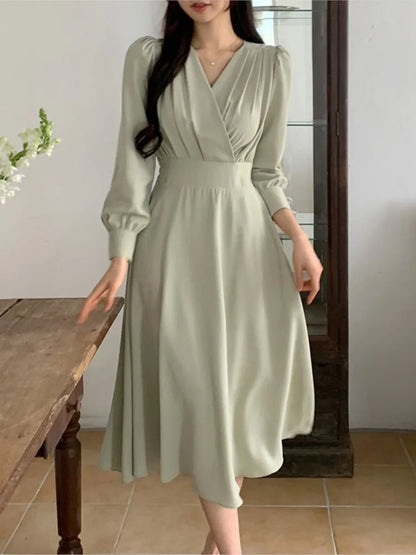 Korean Autumn Midi Dresses for Long Sleeves V-neck A-line Dress Office Lady Clothing New