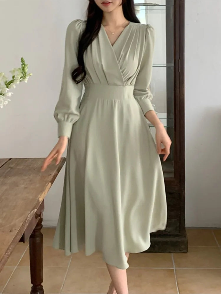 Korean Autumn Midi Dresses for Long Sleeves V-neck A-line Dress Office Lady Clothing New