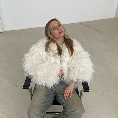 Winter Tassels Faux Fur Coat for Stylish Fluffy Fur Jacket Furry Fox Fur Overcoat Girl Shaggy Outerwear