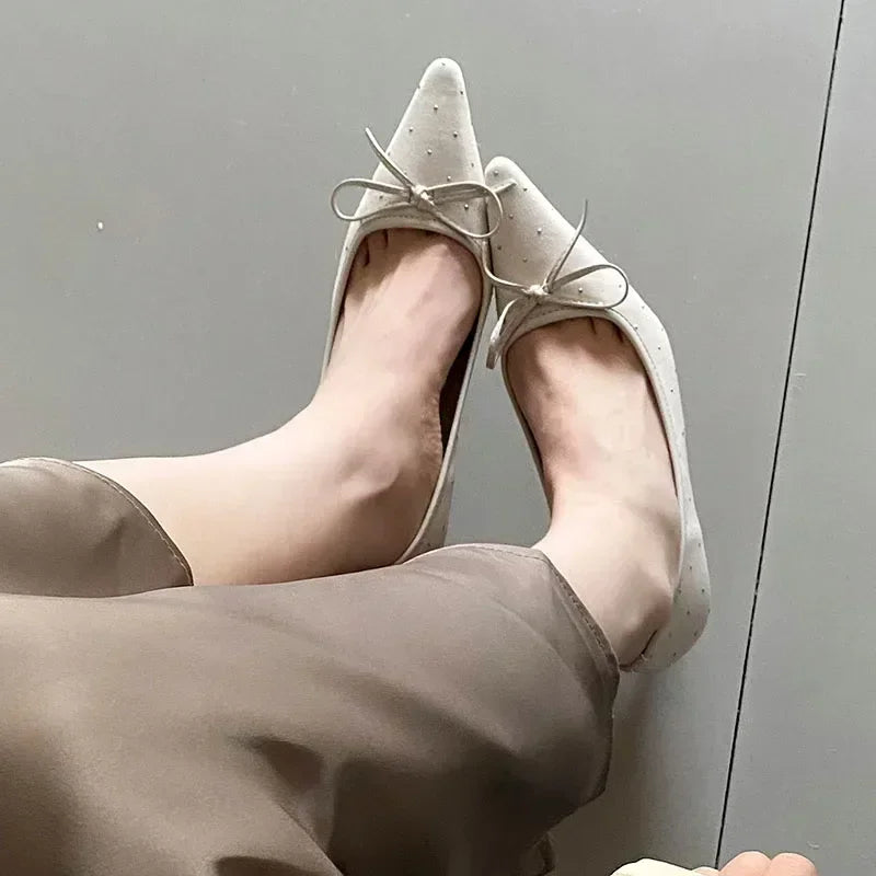 Rhinestone Bow Decoration Pumps Pointed Toe Satin Thin High Heels Banquet Shoes Mules Loafers