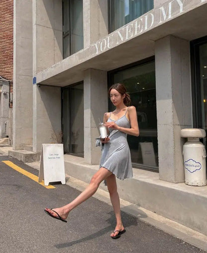 Summer Korean Clothing Short Strap Camisole Dress +short Coat Color Two Piece Sets Outfits