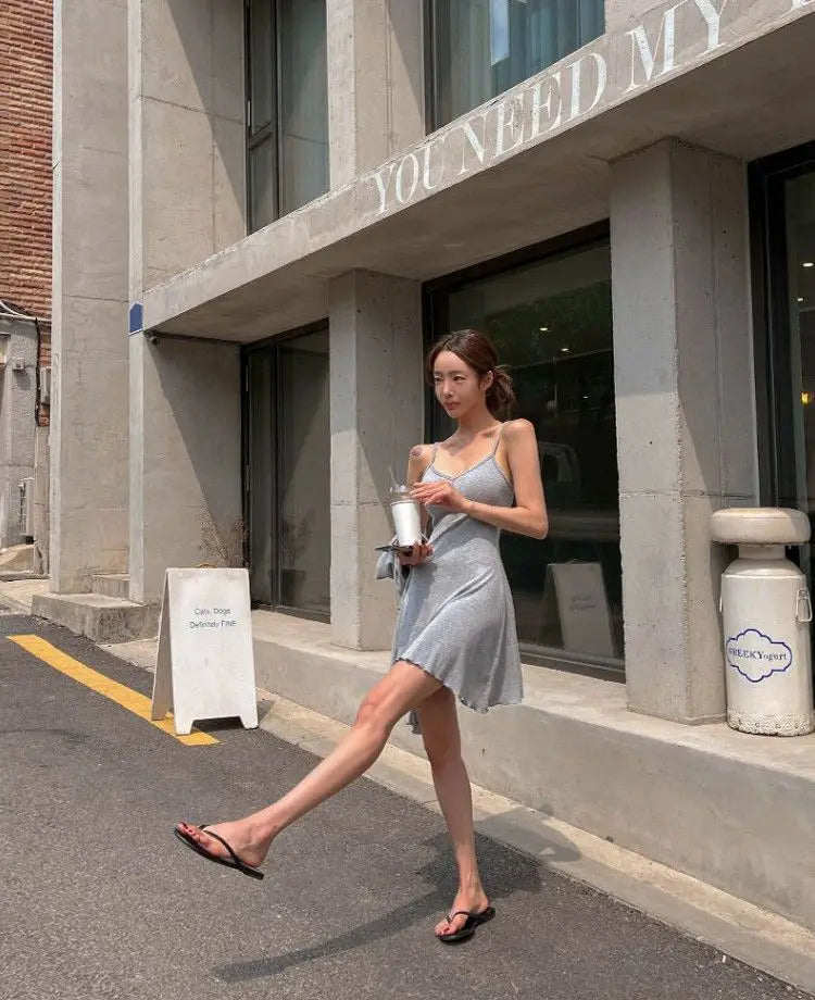 Summer Korean Clothing Short Strap Camisole Dress +short Coat Color Two Piece Sets Outfits