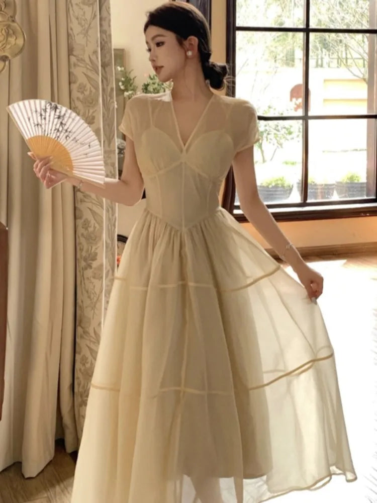 Long Dresses for V-neck A-line Birthday Party Dress French High Waist Summer New Prom Retro Vestidos Mujer