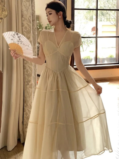 Long Dresses for V-neck A-line Birthday Party Dress French High Waist Summer New Prom Retro Vestidos Mujer